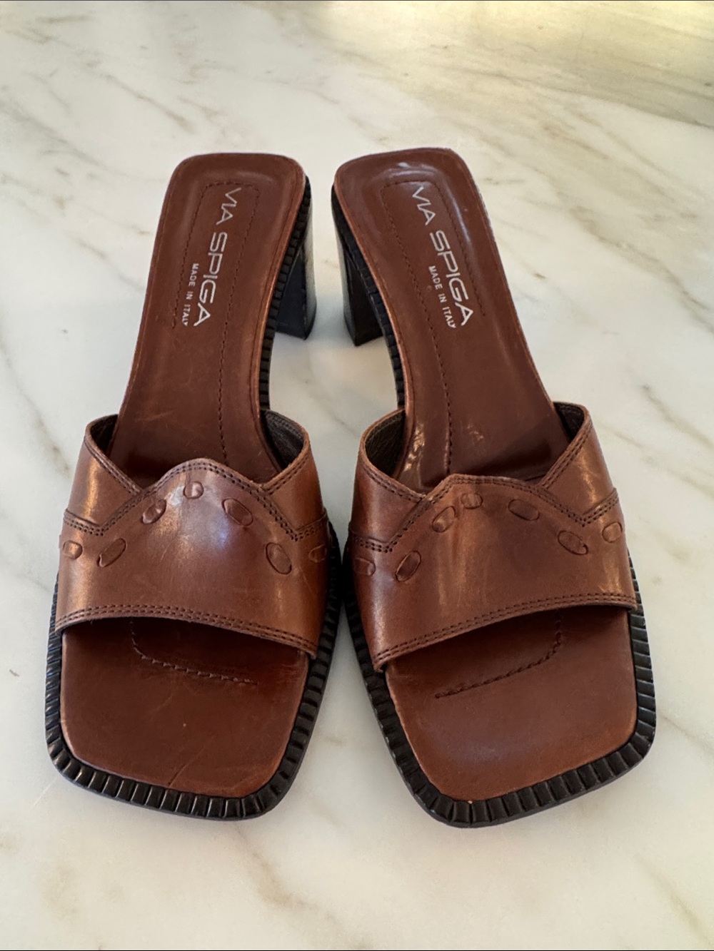 Via Spiga Brown Leather Slide Mules